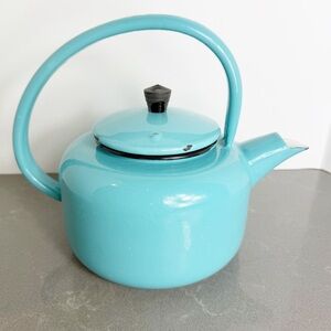 Vintage French Made Enamelware Turquoise Teapot with Black Knob 1950’s